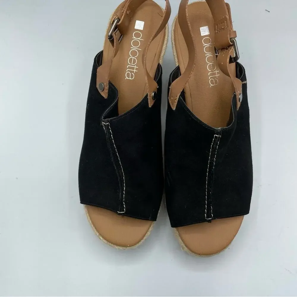 Dolcetta Black Faux Suede Peep Toe Wedge Espadrille Sandals 8.5 Peep Toe Beachy